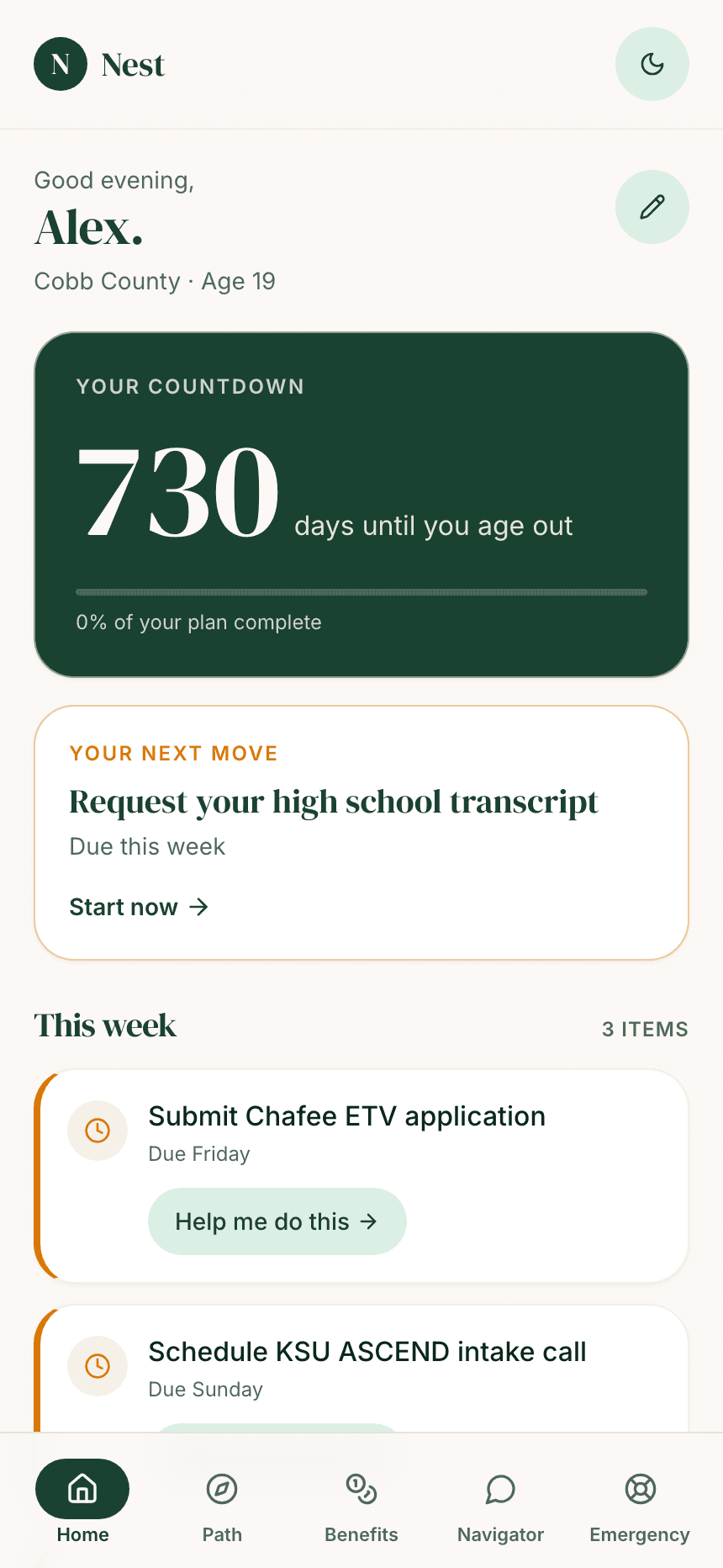 Nest home — ninety-day plan