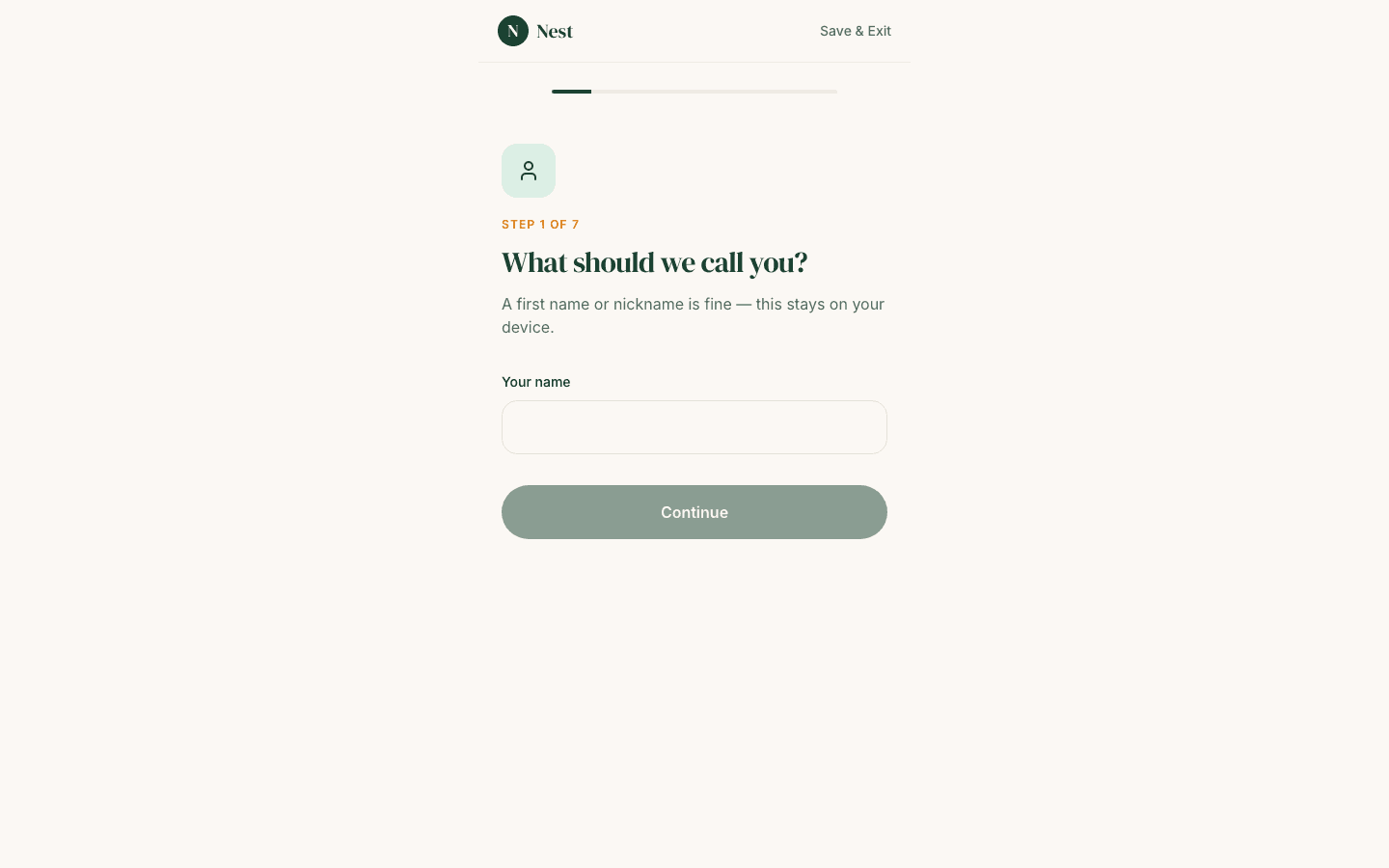 Nest onboarding screen — Step 1 of 7, asking 'What should we call you?'